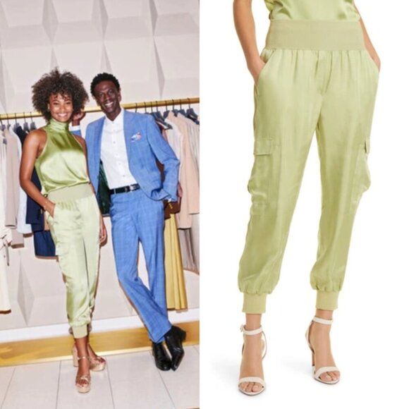 NEW Cinq A Sept Giles Cupro Crop Cargo Joggers Green Tea Satin Club Party Summer - Picture 1 of 10